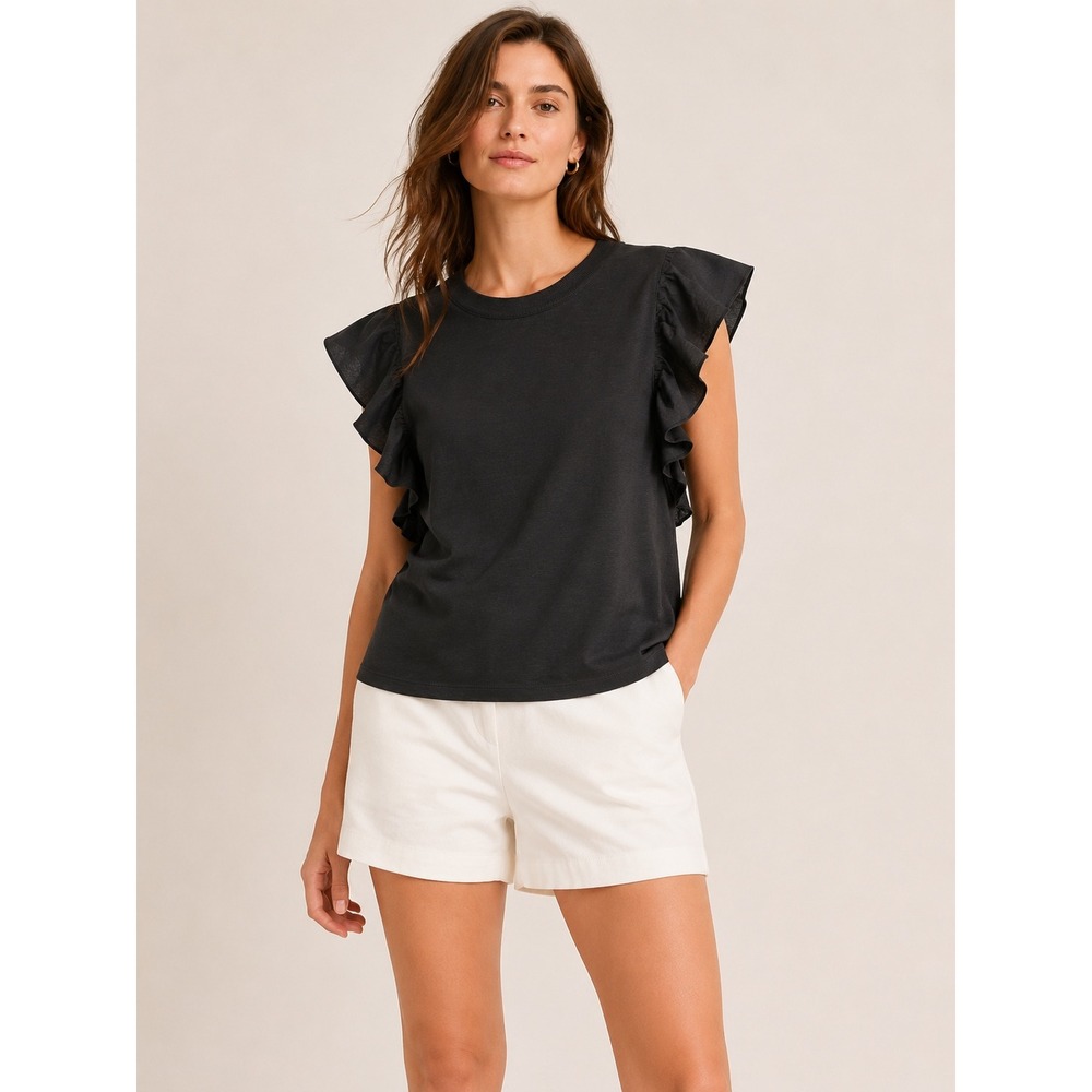 Banana Republic Womens Ruffle Malibu Tee Large Romantic Black Flutter Sleeve Top